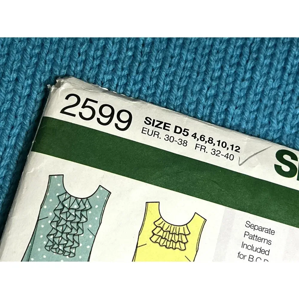 Simplicity 2599 pattern sleeveless top ruffles size 4 6 8 10 12